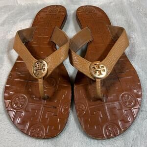 Tory Burch Thora Thong Sandals Women 6M Tan Leather Gold Medallion | Luxury